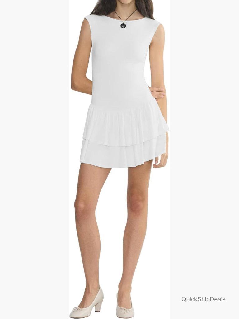 Crew Neck Sleeveless Tiered Ruffle Mini Dress Flowy Pleated Cocktail Short Tank